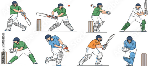 Cricket Player Action Set with Batting, Bowling and Fielding Poses for Sports Illustration, Training Graphics, Game Design and Athletic Performance Collection