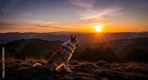 Dog sitting on a hill during sunset gazing at the horizon with scenic mountain landscape background Emoji