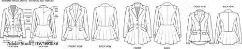 A collection of flat technical drawing templates for women's peplum jackets with a deep V-neck, long sleeves, fitted waist, flap pockets, and a front-back view. Isolated on a white background.