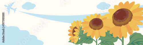 Summer Sky Background with Sunflowers and Airplane: Horizontal Web Banner Illustration