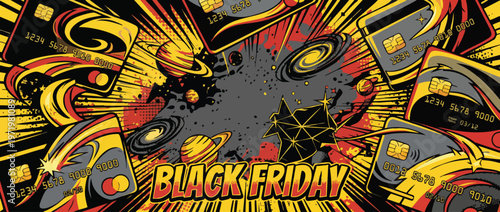 Black Friday Sale Cosmic Credit Cards Explosion Empty Center Abstract Background