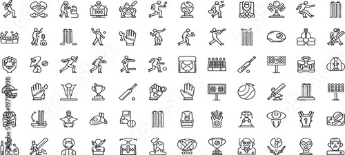 Cricket Sport Line Icon Mega Set with Players, Equipment, Stadium Elements and Game Actions for Sports Apps, Training Graphics and Minimal Design Projects