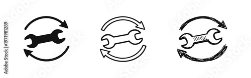 Continuous Service and Maintenance Update Icon Set with Wrench and Refresh Arrows