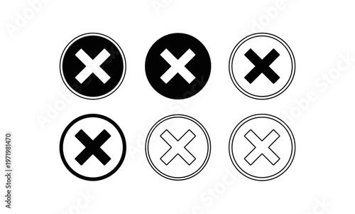 Set of black and white cross mark icons in various styles.