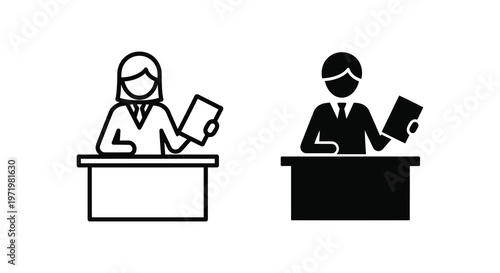 Two business people sitting at desks presenting information black silhouette