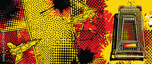 Black Friday Sale Shopping Cart Pop Art Illustration with Comic Halftone