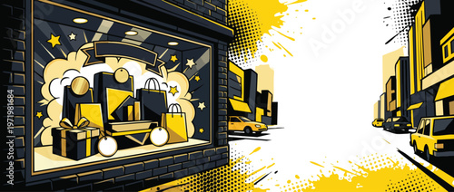 Black Friday Sale Storefront Display with Comic Burst Accents and Shopping Bags