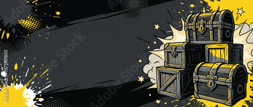Black Friday Sale Treasure Chests and Crates with Comic Burst Background