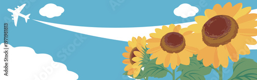Summer Sky Background with Sunflowers and Airplane: Horizontal Web Banner Illustration