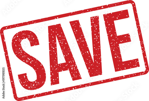 A vivid red distressed rubber stamp clearly displaying the capitalized word SAVE on a clean white background