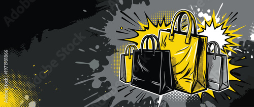 Black Friday Shopping Bags with Comic Burst Accents and Retail Design