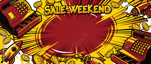 Black Friday Sale Weekend Pop Art Background with Cash Registers