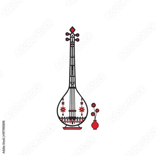 Ektara Folk Instrument with Floral Vase Illustration