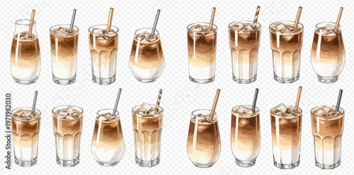 Set of iced coffee drinks in various glass types with straws, refreshing beverages for summer.