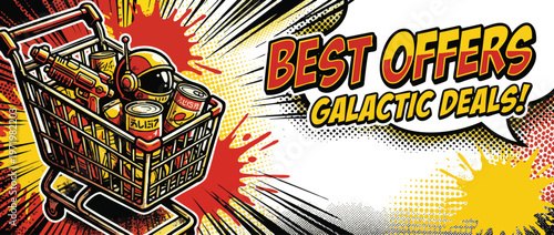 Shopping Cart with Galactic Deals Pop Art Banner for Cosmic Sales