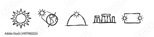 Hand-drawn Sun, Solstice, and Natural Phenomena Icons Set