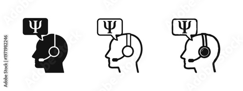 Online Psychology Counseling and Mental Health Support Icon Set with Headset and Psi Symbol