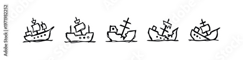 Hand-drawn Damaged Ship and Sinking Boat Icons Set