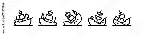 Damaged Ship and Sinking Boat Outline Icons Set