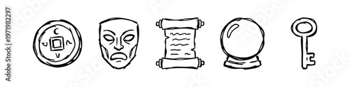 Hand Drawn Mystical and Ancient Objects Doodle Icons Set
