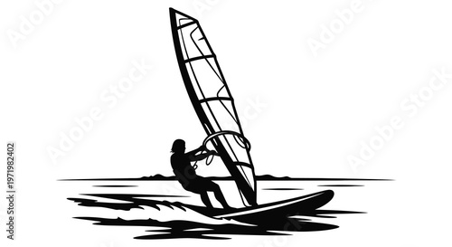 Windsurfer riding a wave with a striking black silhouette high quality