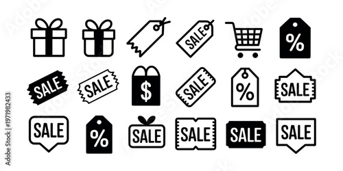 Sale Discount Icons Set Price Tag Coupon Shopping Cart Gift Percent Symbol Vector Collection