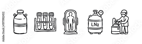 Hand-Drawn Cryogenic Storage and Research Icons, Doodle Style Science and Laboratory Equipment, Sketchy Liquid Nitrogen and Cryopreservation Set