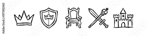 Hand-Drawn Royalty and Medieval Kingdom Icons, Doodle Style Fantasy Castle and Throne Elements, Sketchy Knight and King Symbols Set