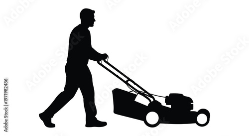 Man pushing a lawnmower on white background striking black silhouette