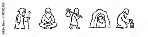 Hand-Drawn Hermit and Sage Lifestyle Icons, Doodle Style Monk and Wanderer Symbols, Sketchy Spiritual Seeker Graphics