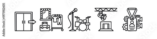 Backstage and Production Line Icons Set on White Background. Dressing Room, Music, Stage Lighting, Media.