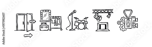 Hand-drawn Backstage and Production Doodle Icons Set. Dressing Room, Music, Stage Lighting, Media.
