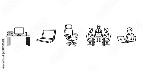 Office Workspace Icons Set Desk Laptop Chair Meeting Work Business Line Vector Collection
