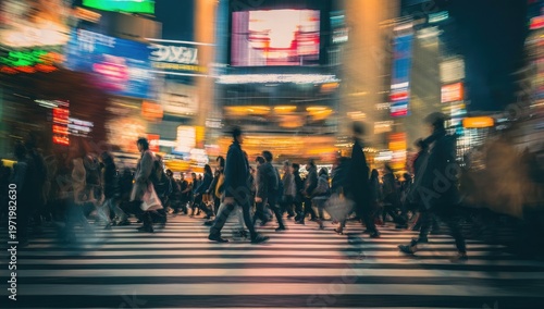 Busy city street crossing at night with blurred motion and bright lights
