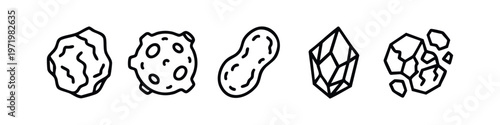Set of geological and asteroid outline icons with rock and crystal symbols