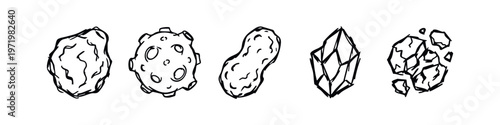 Hand drawn geological and asteroid icons set in sketch style