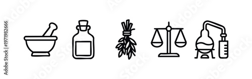Modern alchemy and herbal medicine outline icons set