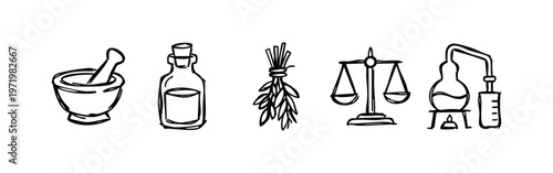 Hand drawn alchemy and herbal medicine icons sketch set