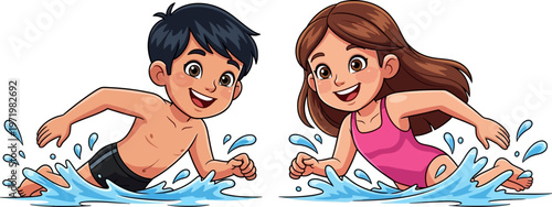 Cheerful cartoon boy and girl swimming happily with vibrant water splashes, enjoying a fun summer activity.