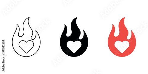 Fire Heart Icon Set Love Flame Passion Symbol Hot Burning Heart Vector Collection