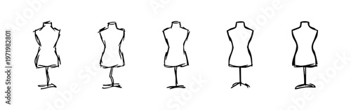 Hand drawn doodle style fashion mannequin and dress form icon set. Black outline illustrations.