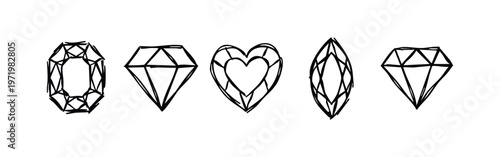 Hand drawn doodle style diamond and precious gem stone icon set. Black outline illustrations.
