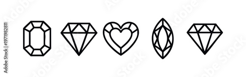 Elegant diamond and precious gem stone outline icon set. Clean line art illustrations on white background.