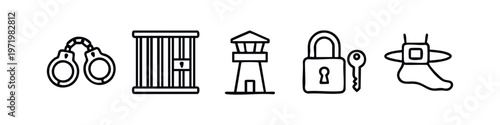 Elegant crime and prison outline icon set. Clean line art illustrations on white background.