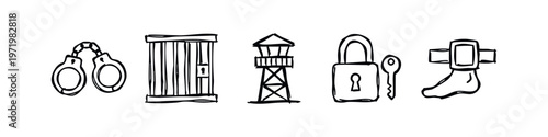 Hand drawn doodle style crime and prison icon set. Black outline illustrations on white background.