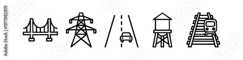 Modern outline infrastructure and transportation icons set in a minimalist style.