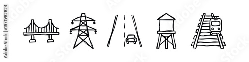 Hand-drawn infrastructure and transportation icons set in a sketchy doodle style.