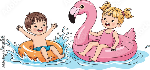 Happy children playing in water with inflatable floats, a boy in a ring and a girl on a flamingo.