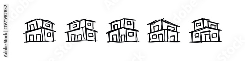 Hand-drawn abstract stacked house and building icons set in a sketchy style.
