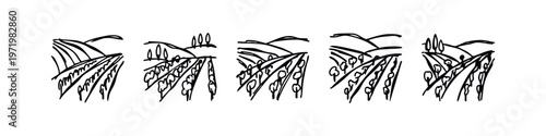 Hand-drawn abstract rural landscape and agricultural field icons set.